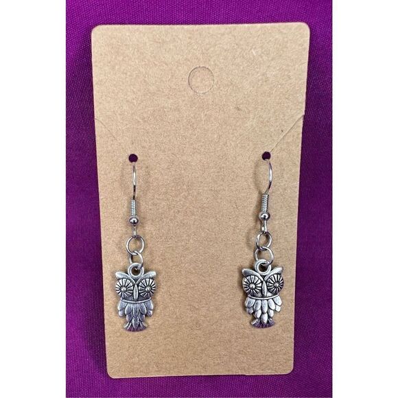 Handmade Silver Dangly Feathered Owl Earrings - Picture 1 of 3